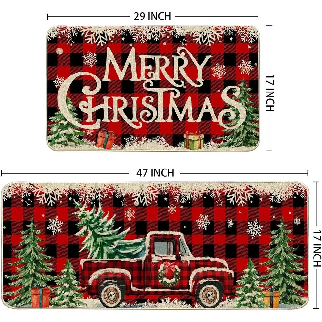 Christmas Kitchen Mats for Floor, Christmas Kitchen Rugs Set of 2 - Farmhouse Truck Red Buffalo Plaid Christmas Kitchen Decor