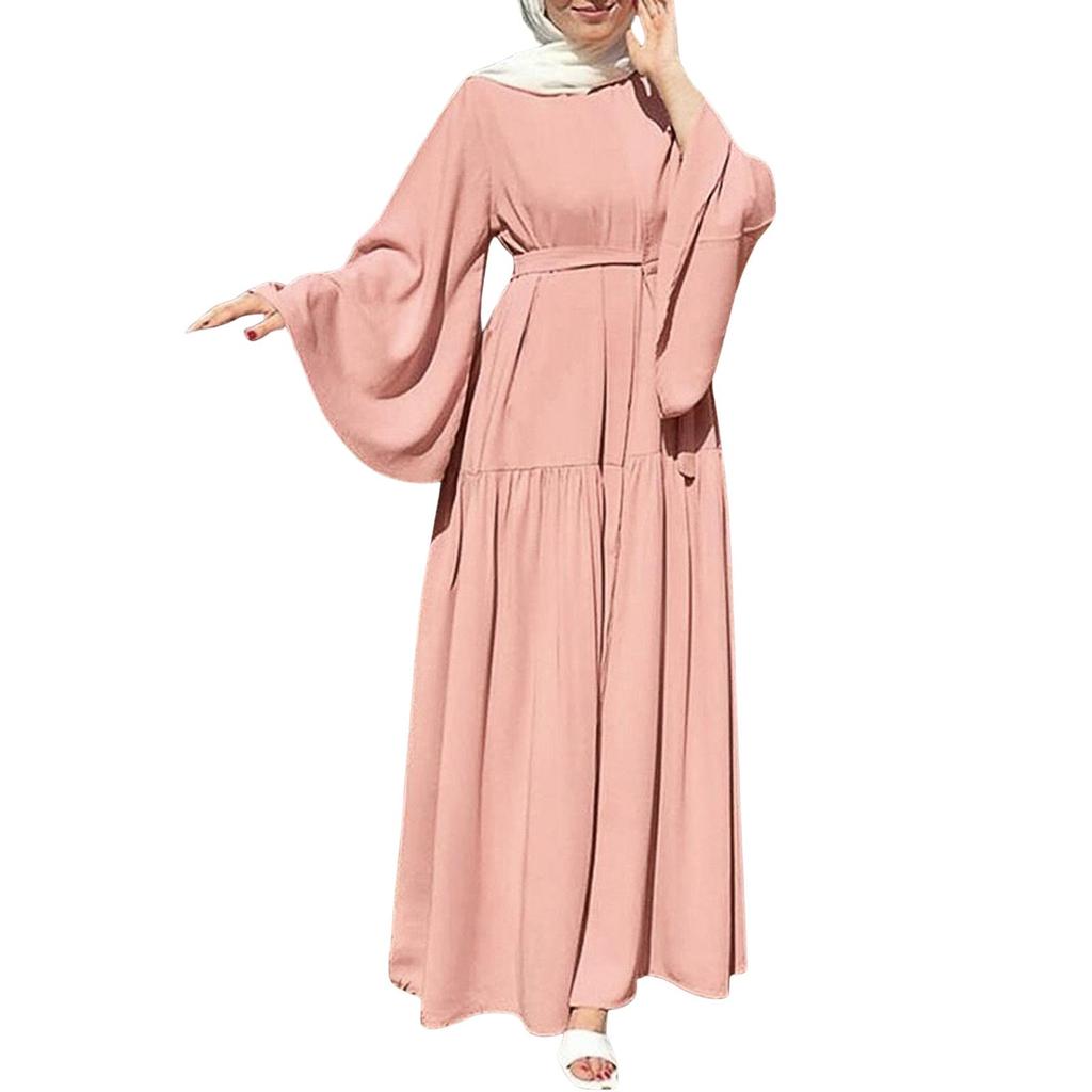 Мусульманские женские платья для отпуска с расклешенными рукавами и поясом на подоле, длинные