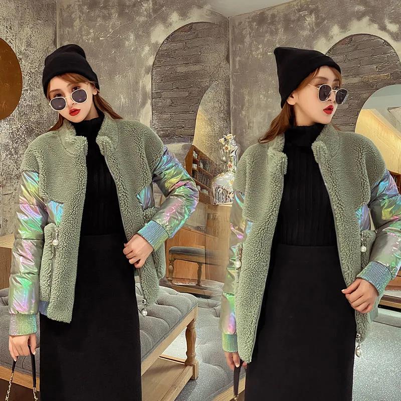 New Fashion Autumn Winter Women's Short Glossy Stand-up Collar Lamb Wool Stitching Down Cotton Jacket Pure Color Zipper Cotton Jacket