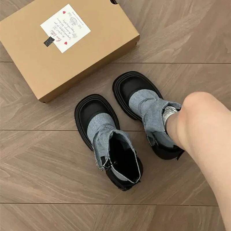 Модные ковбойские полусапоги для женщин с круглым носком, на каблуке, из денима, элегантные, до середины икры, для работы, из ПУ, весна 2024, гяру, Y2k