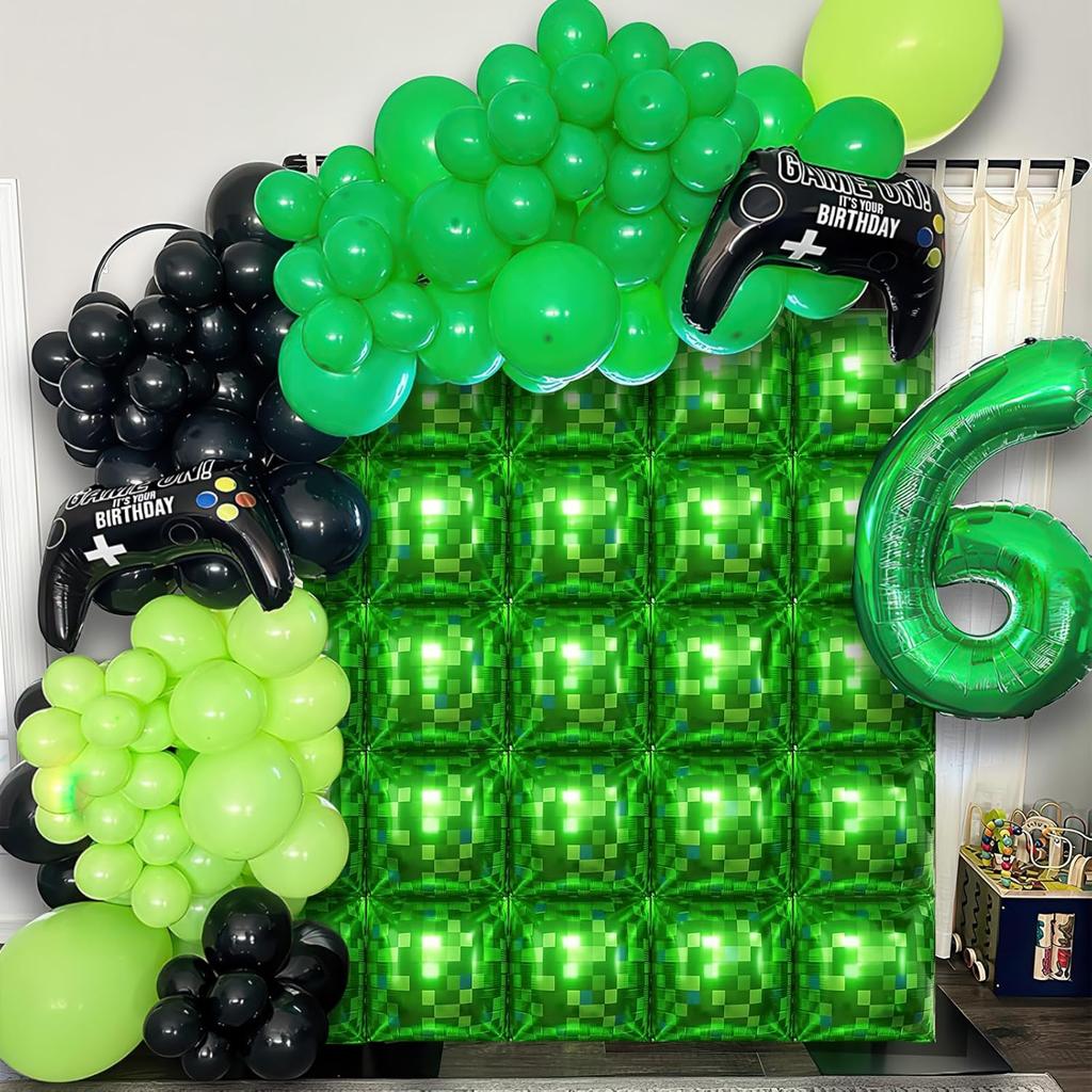 Green pixel square balloon wall, square aluminum foil balloon wall background balloon game theme birthday party decoration
