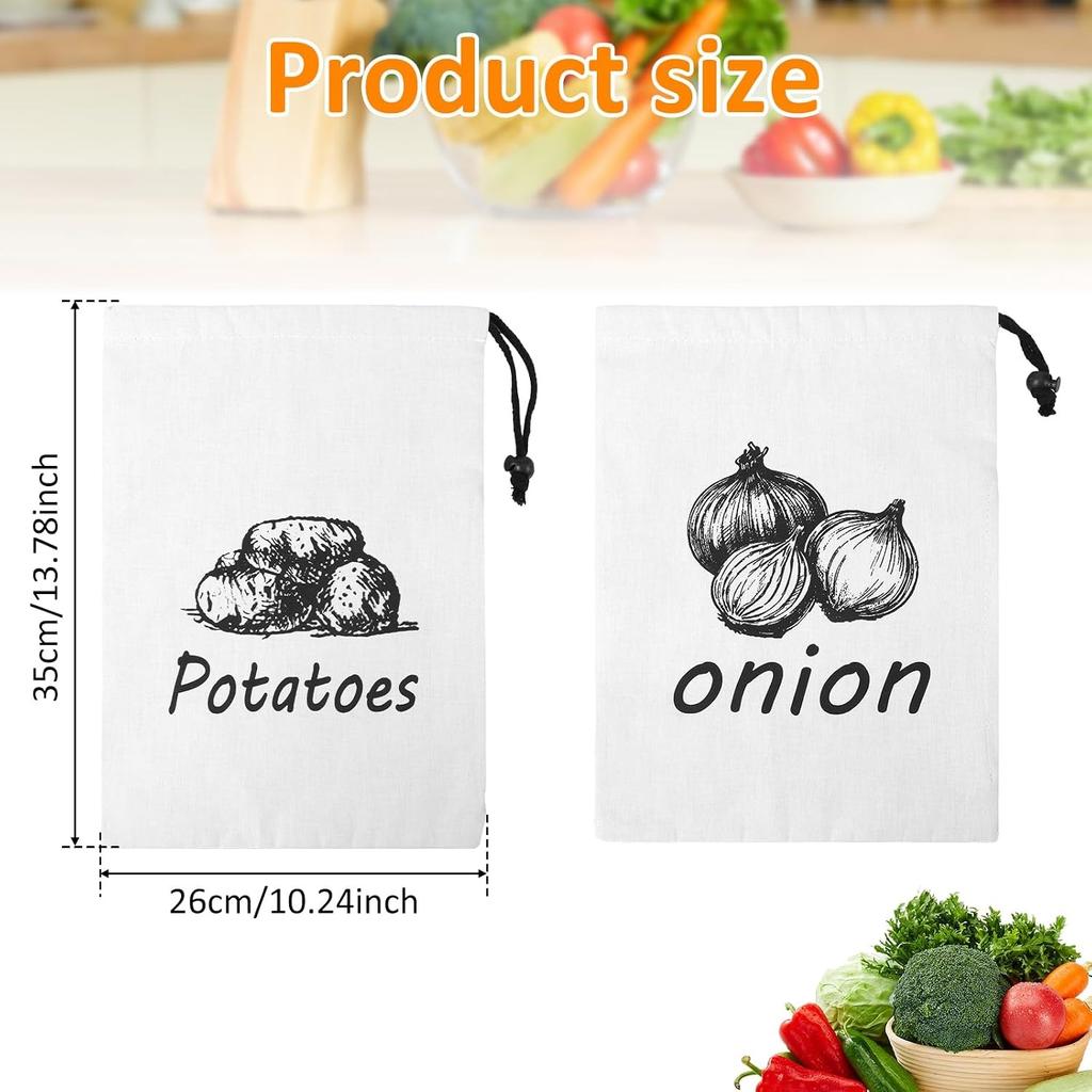 2 Pack Potato Onion Garlic Storage Bag 35x26cm Fabric Potatoes Onion Garlic Bag with Drawstring Closure, Washable Eco Friendly Cotton Food Storage