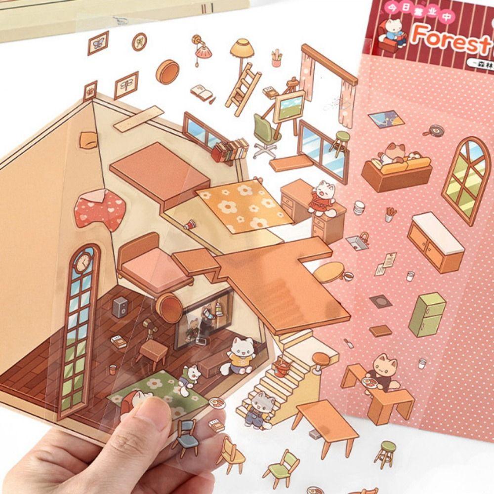 Бумага-наклейка с 3D-пейзажем лесной деревни, многофункциональные наклейки с изображением хижины, игровые наклейки, для любителей карточек