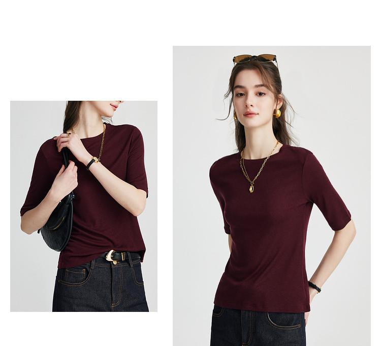 Classic Simplicity: Spring and Summer Round Neck, Versatile and Comfortable for Daily Use. Five Sleeve Mulberry Silk T-shirt for Women