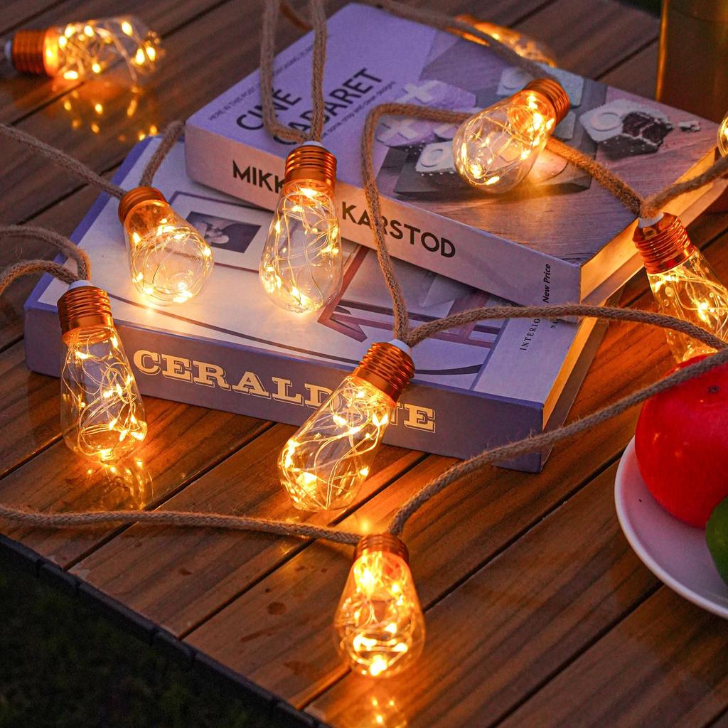 Солнечная гирлянда для улицы, винтажная, из пеньковой веревки, для патио, водонепроницаемая, подвесная, для двора, забора, сада, бистро, рождественский декор