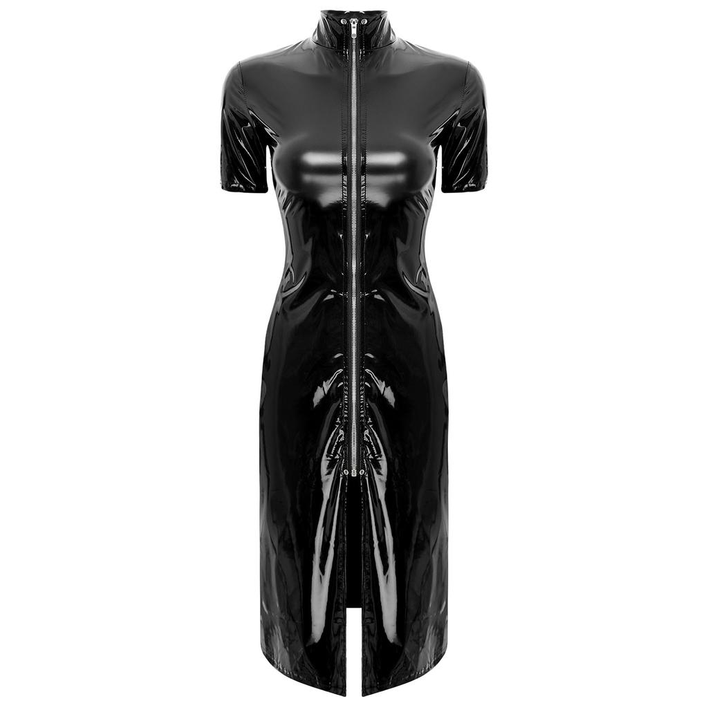 Женское кожаное платье с мокрым эффектом, воротником-стойкой, коротким рукавом, молнией спереди, разрезом, облегающее платье-пиджак, платье для диджеев, музыкальное шоу, диско-рейв, вечеринка, клубная одежда
