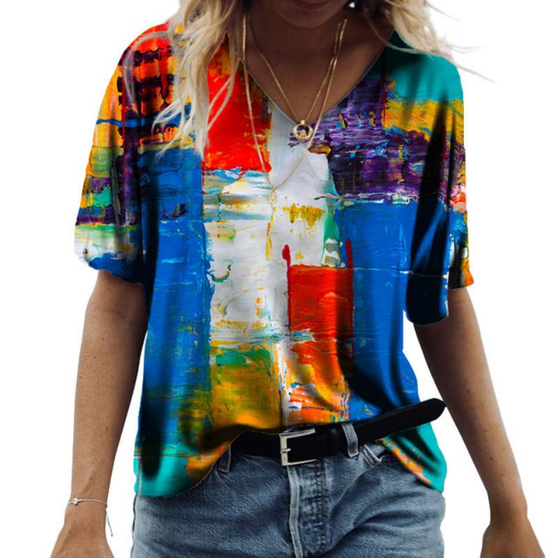 Модный повседневный пуловер с v-образным вырезом, женский свободный топ с коротким рукавом, женская футболка