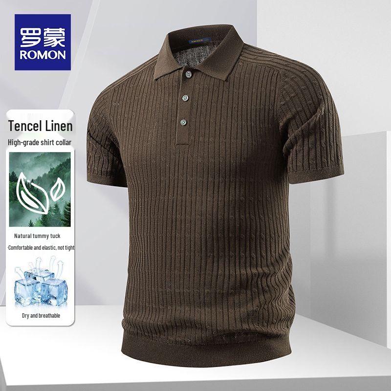 ROMON Men's Cool-Feel Lyocell Linen Short Sleeve Polo Shirt