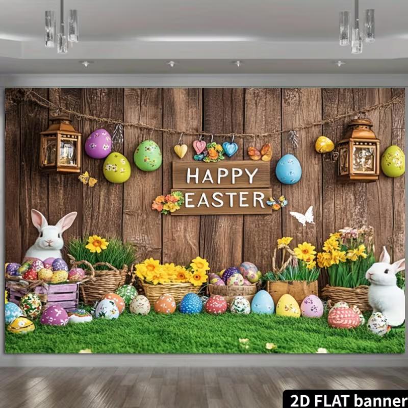 2D Rustic Happy Easter Banner - Wooden Wall Bunny Eggs Backdrop for Easter Celebration Photography