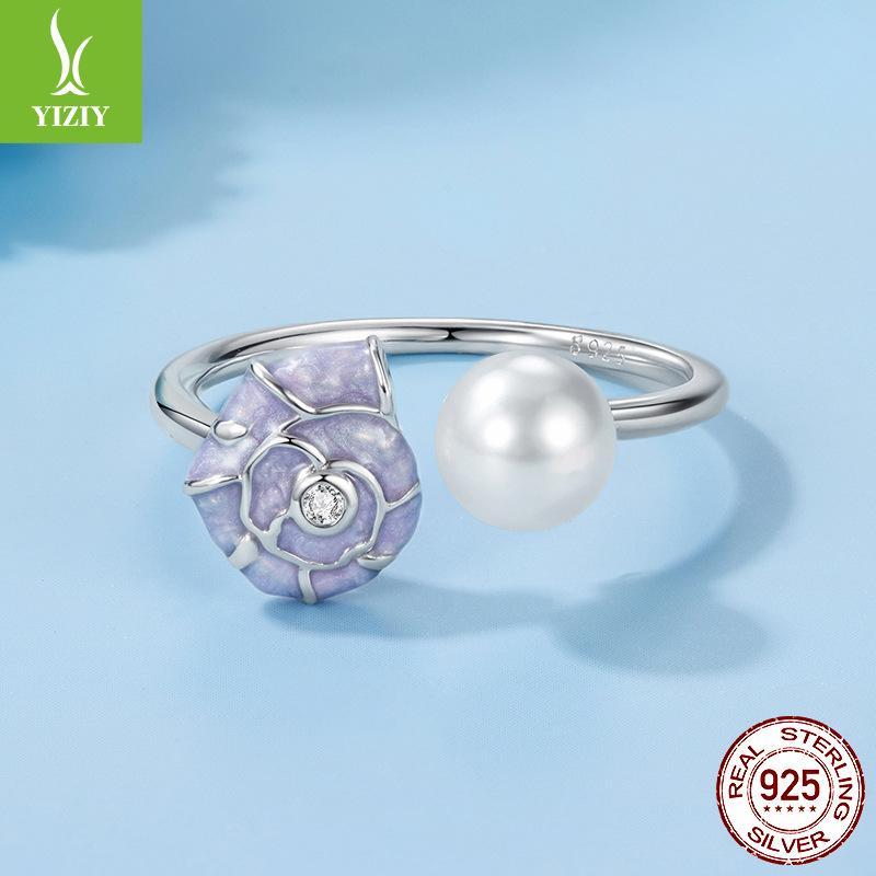 S925 Sterling Silver Lavender Conch Open Ring, Elegant Premium Adjustable Ring Jewelry