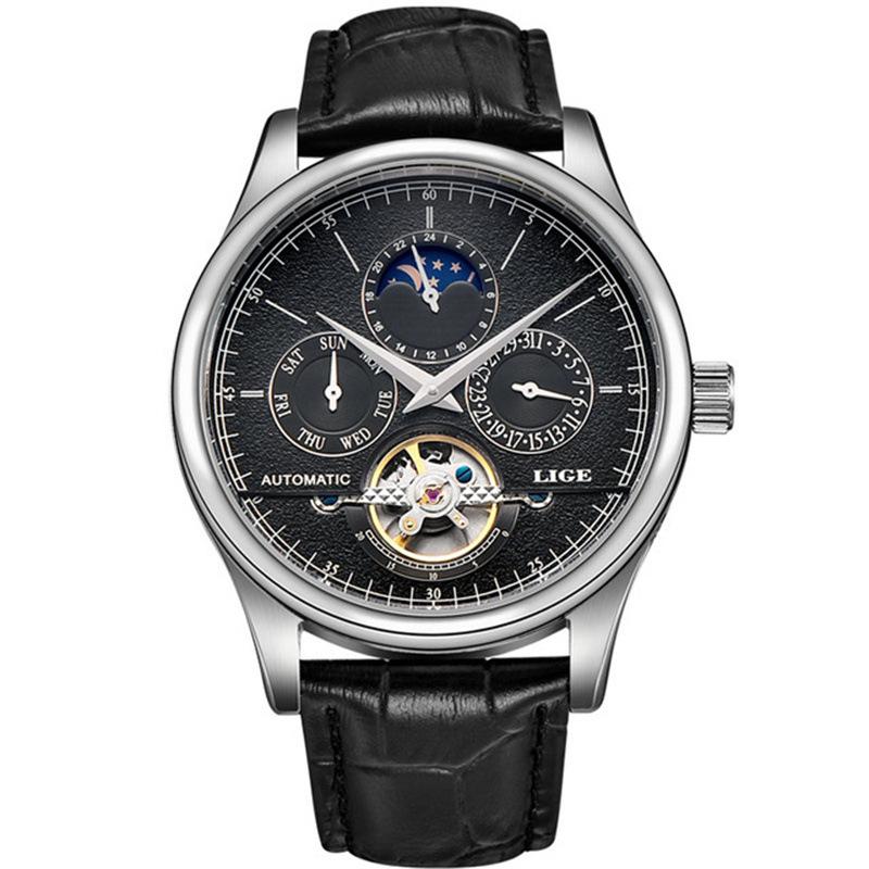 LIGE Men's Automatic Mechanical Watch Leather Waterproof Multi-Function Sports Tourbillon Wristwatch