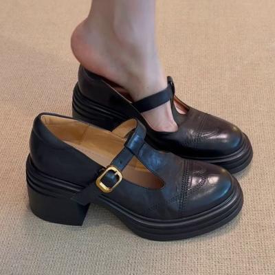 Коровья кожа~ Натуральная кожа на толстой подошве туфли Мэри Джейн женские черные на высоком каблуке толстый каблук ретро французские одинарные туфли увеличивающие рост маленькие кожаные туфли