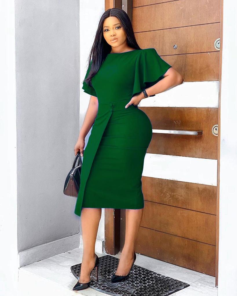 2024 Лето Женское Платье Больших Размеров с Рукавом-трубой, Круглым Вырезом, Разрезом На Бедрах, Африканское Платье