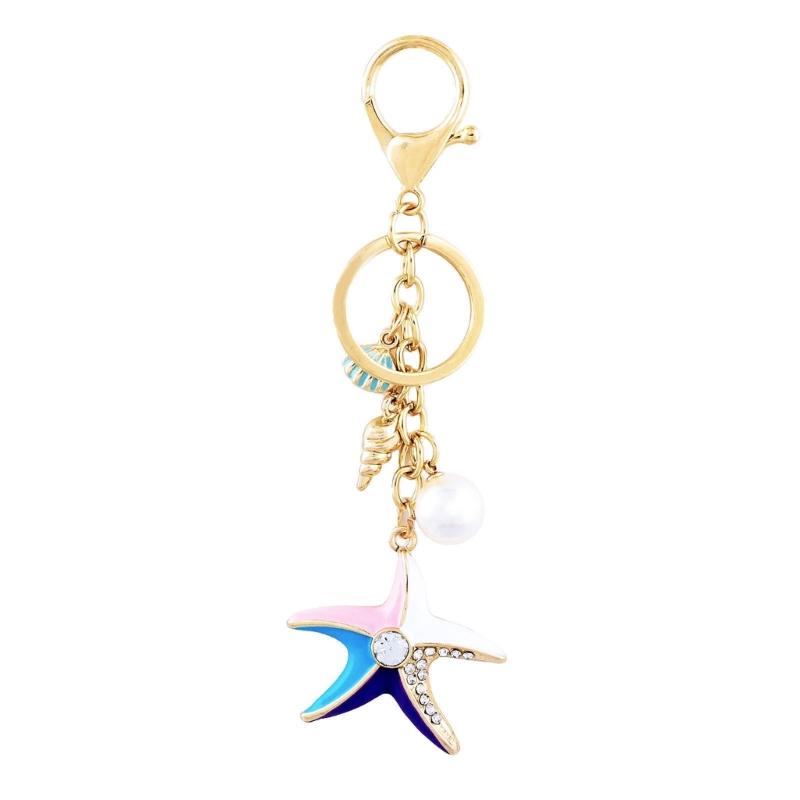 Jewelry Charm Keychain Rhinestones Encrusted Starfish and Conch Shell Pendant Keyring Handbag Accessories for Women
