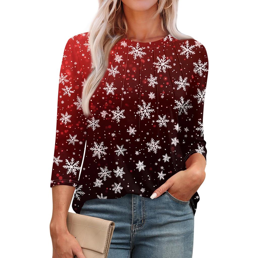 Women's Fashionable Round Neck 3/4 Sleeve Christmas Prints Casual Basic Pleated Pullover T-shirt Top