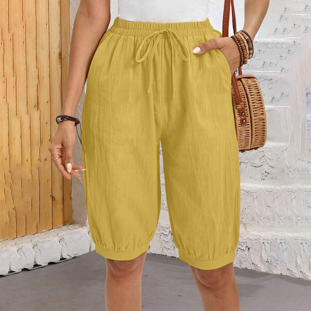 Женские модные однотонные повседневные брюки с завязками на талии и карманами длиной пять четвертей