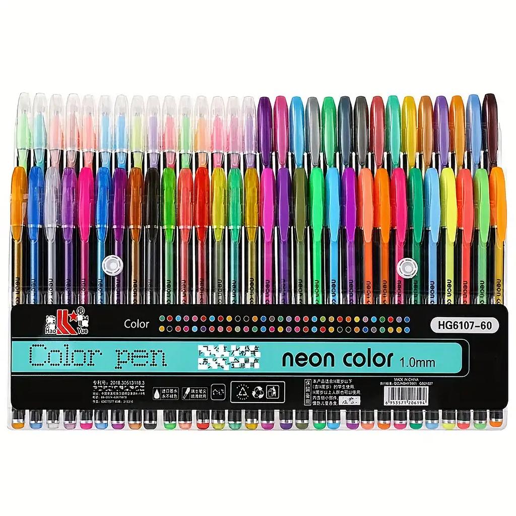 60pcs Multi-Color Pen Set - Glitter, Metallic, Neon, Pastel & Classic Shades - Water-Based Gel Pens for Writing, Drawing