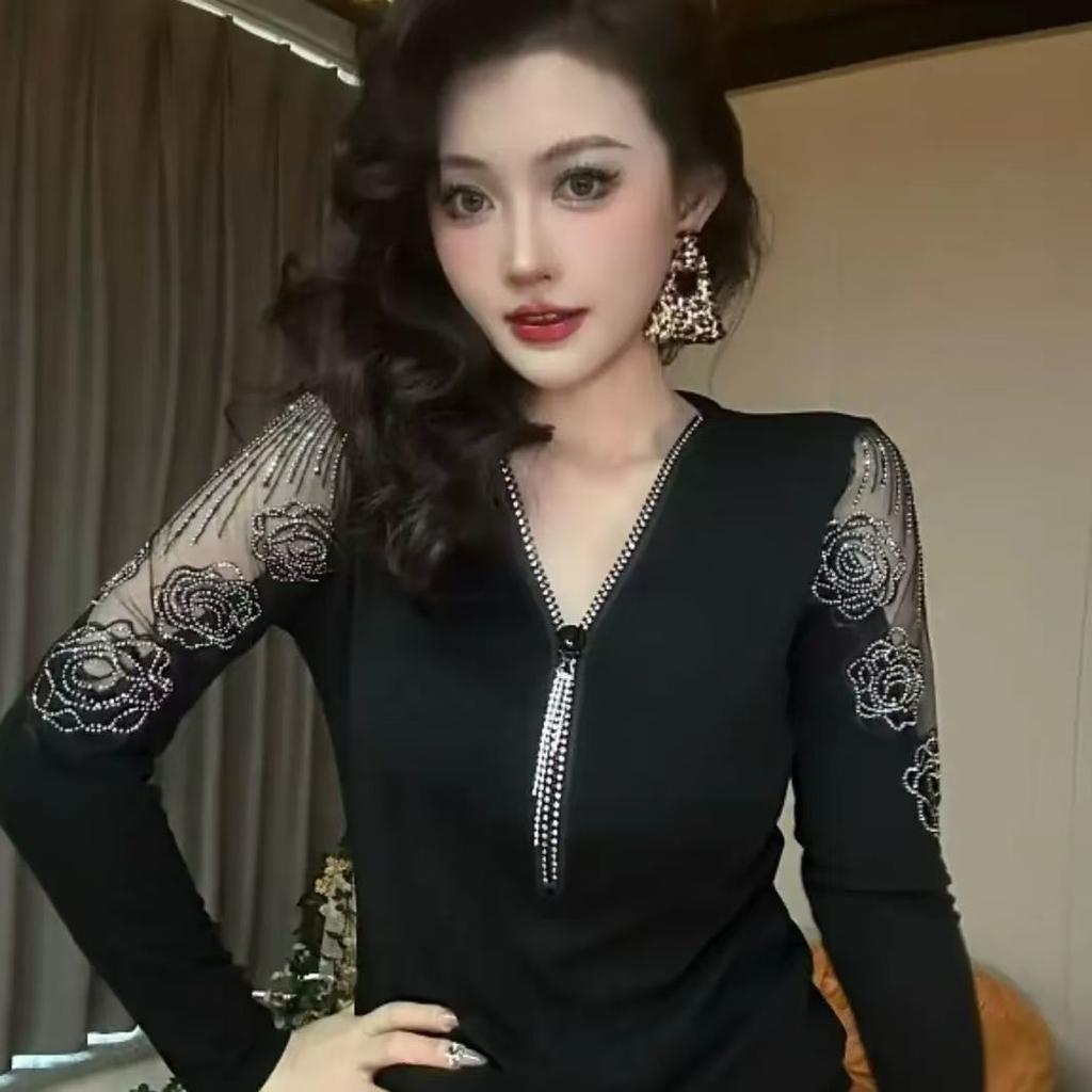 Office Women's V-neck Beaded Lace Crochet Mesh Spring Long Sleeve Shirt Women Fashion Peplum Tops Large Size