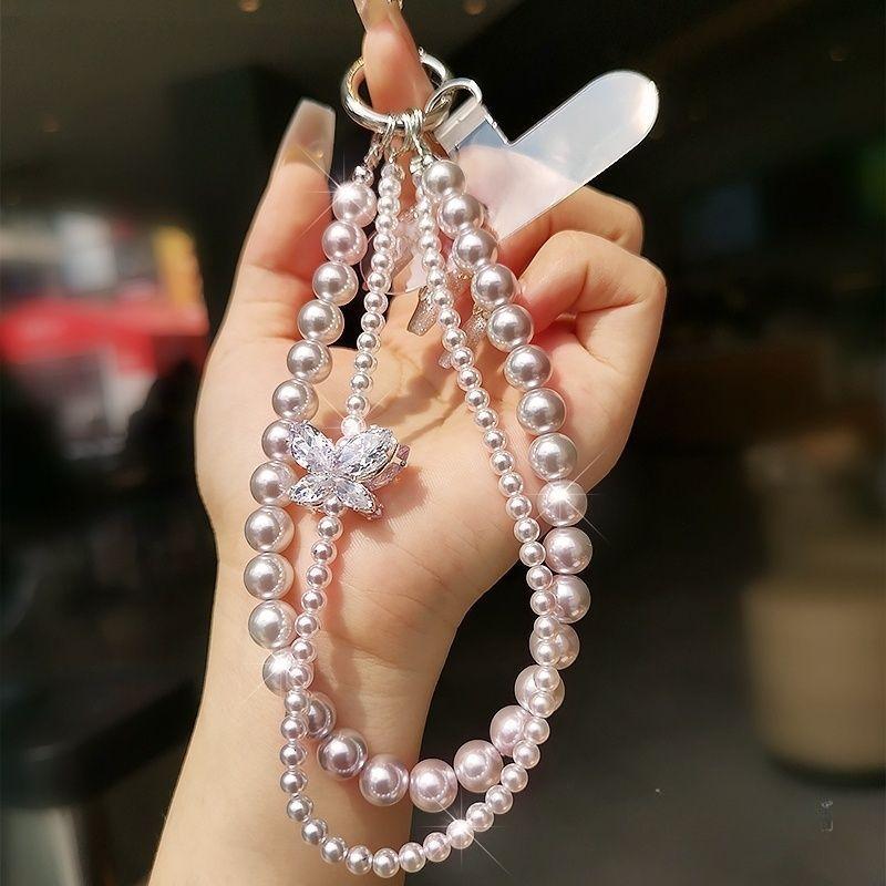 Pearl Phone Chain Fashion Wrist Crystal Pendant Jewelry Exquisite Handmade Beaded Double Chain Short Anti-Lost Handheld Chain