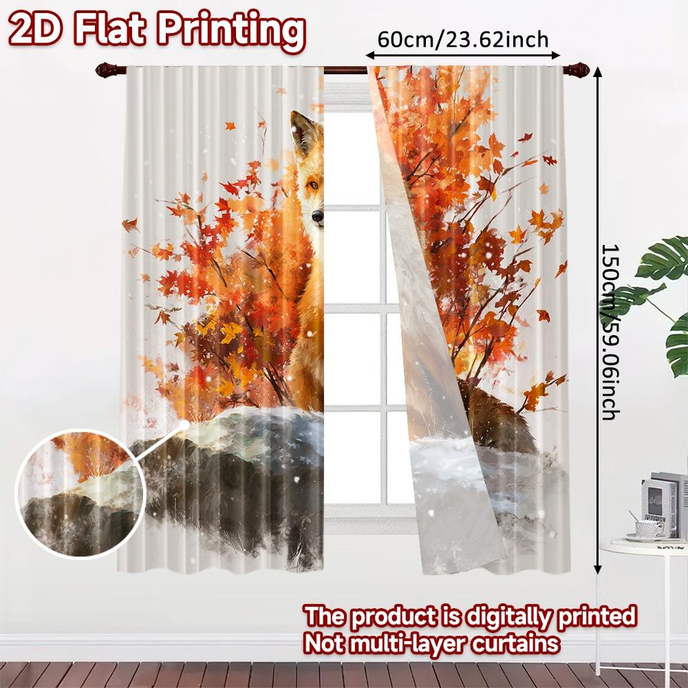 2pcs, 2D FLAT PRINTING Curtains (Without Rod) Autumn Fox(4) Minimalist Holiday Curtains Versatile Polyester Curtains Art Deco
