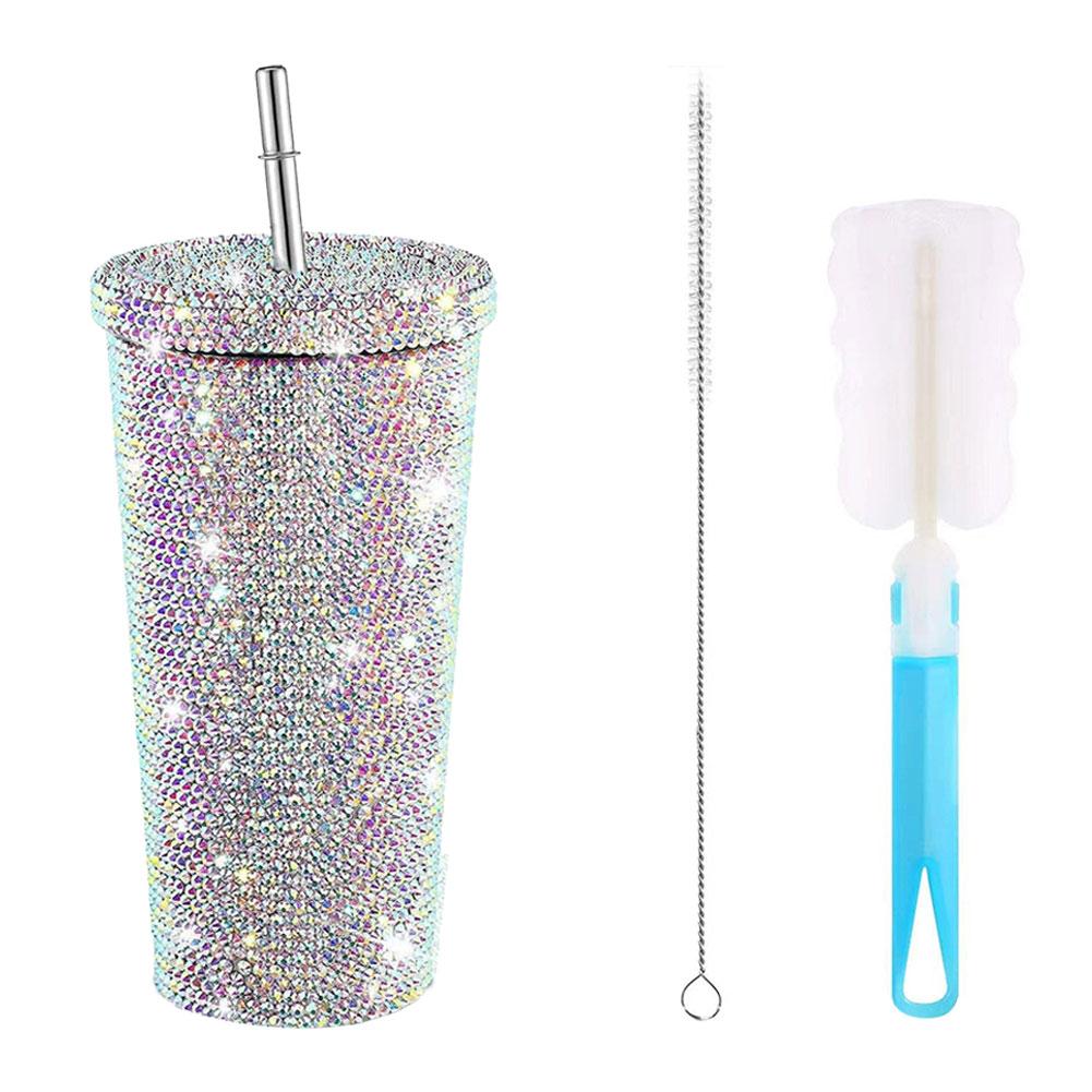 Insulated Straw Tumbler Stainless Steel Rhinestone Cup 24 Hour Hot Cold Water Coffee Drinkware For Office Travel Gym Accessories