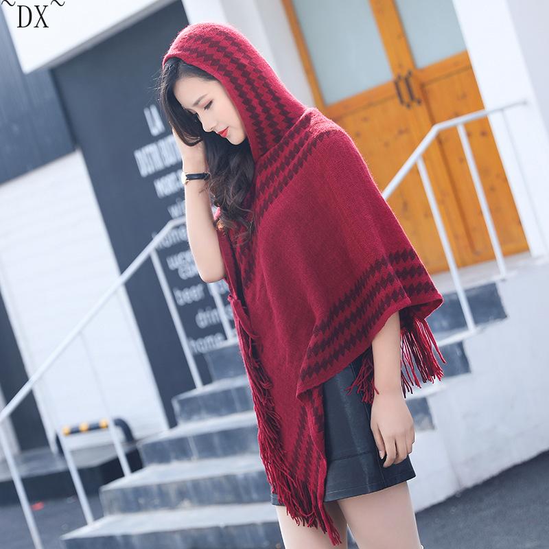DX~~ осенне-зимний новый вязаный кашемировый плащ из тонкой шерсти, шаль с капюшоном, черно-белая шаль с геометрическим рисунком, соответствующая цвету