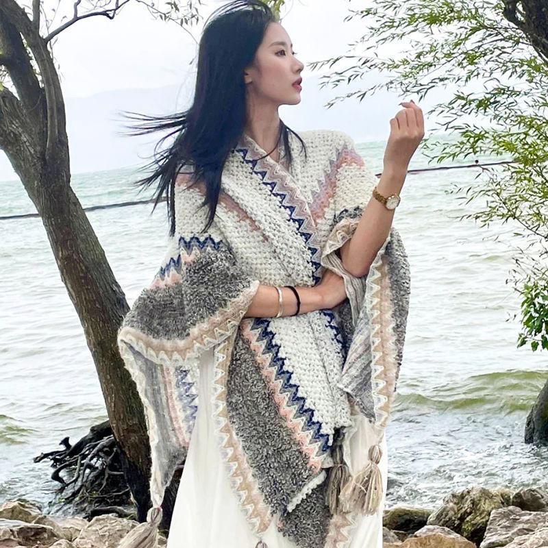 Ethnic Style Knitted Poncho Cape Vintage Bohemian Tassel Cloak Warm Shawl Travel Coat Cardigan Sweater