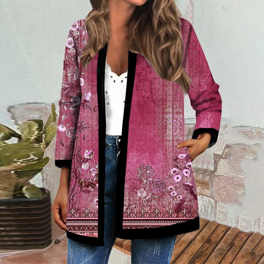 Women's Fall And Winter Fashion Casual Printed Long Sleeve Mid-Length Cardigan Jacket