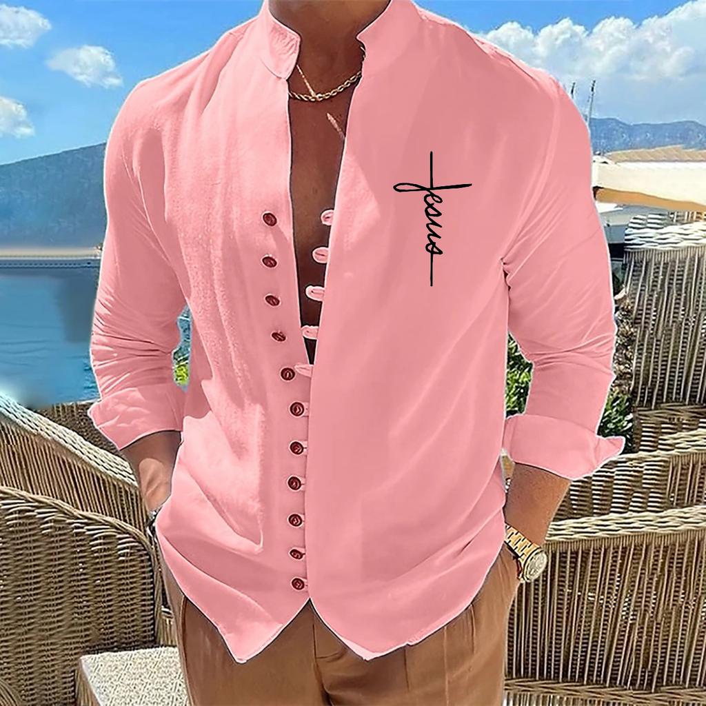 Cotton Blouse Beach Style Top Man Long Sleeved Stand Up Collar Letters Printed Retro Slim Fit Men's Casual Shirts