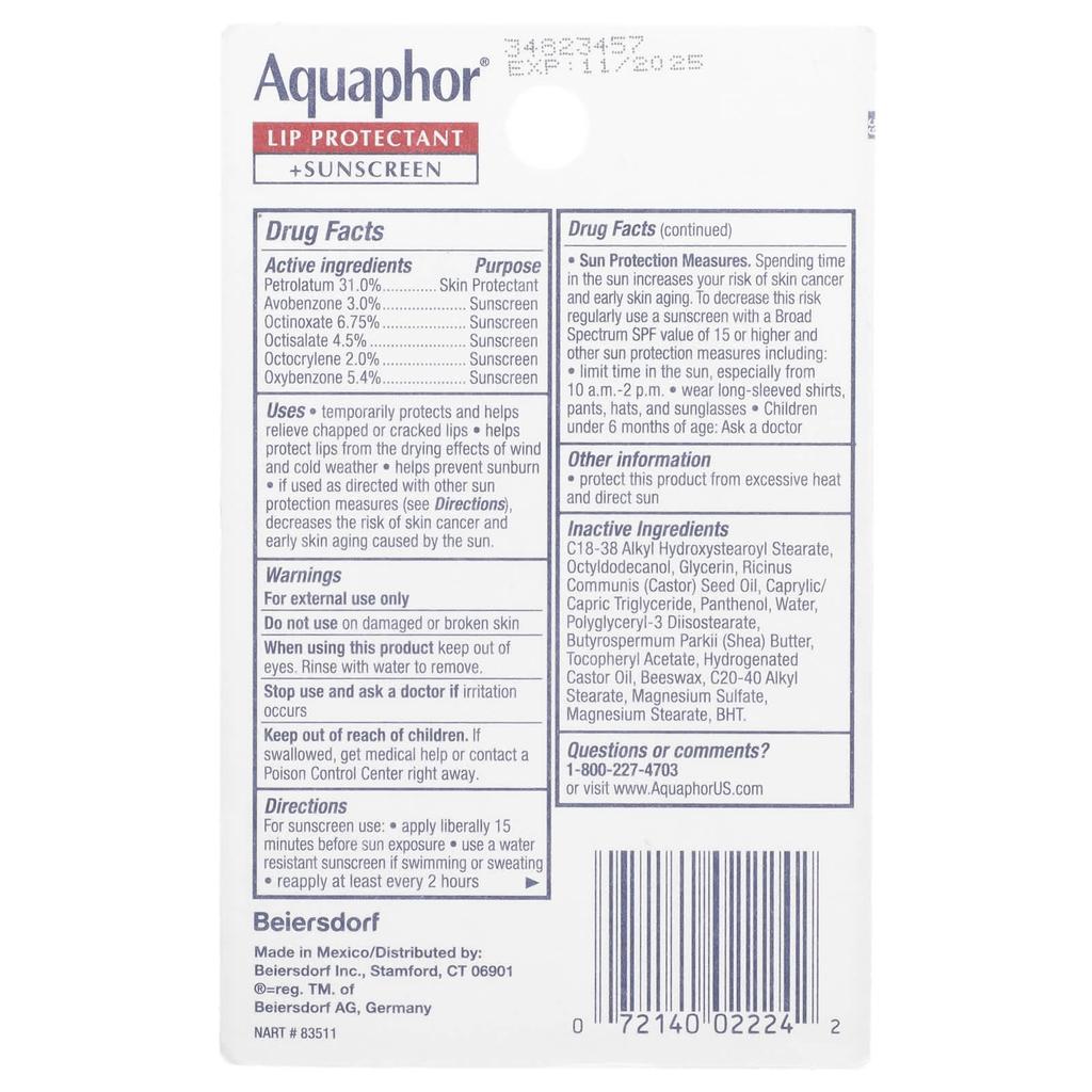 Aquaphor Защитное средство для губ + солнцезащитный крем, SPF 30, без отдушек, 2 тюбика, 10 мл (0,35 жидких унций) каждый