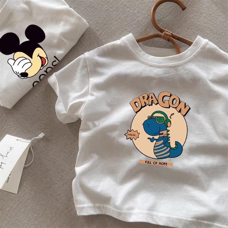 Kids Summer Cotton Cartoon Short Sleeve T Shirt Boys Girls White Crew Neck Casual Top