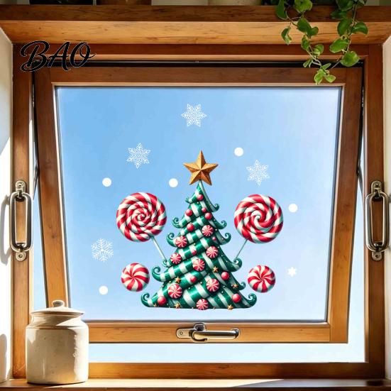 Holiday Party Supplies for Home Candy Christmas Tree Window Static Sticker, Waterproof PVC Removable Seasonal Glass Stickers Clings, Decorative Decal