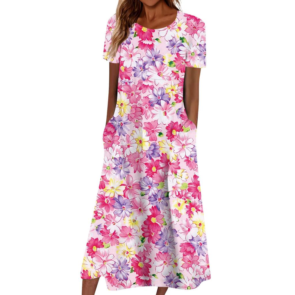 Летнее платье для женщин, повседневное пляжное свободное платье с v-образным вырезом и короткими рукавами с принтом