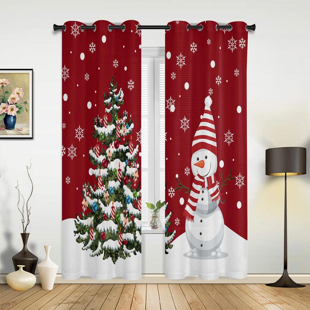 Christmas Tree Snowman Snowflake Pink Window Curtains Decor For Home Bedroom Kitchen Living Room Ornament Xmas Gifts Navidad