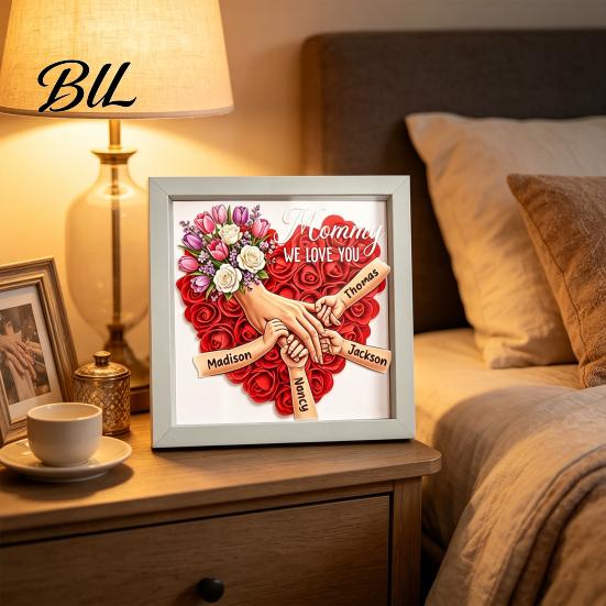 Shatterproof Acrylic Frame Personalized Mommy I Love You Flower Shadow Box Custom Names Holding Hands Gifts for Mom Grandma from Daughter or