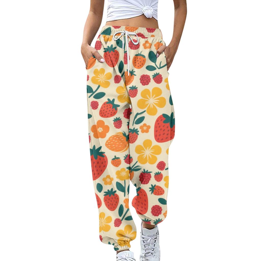 Women's Sports Pants With Pockets Fashion Floral Print Elastic Waist Pants Casual Sweatpants Pants