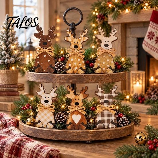 Decorative Elk Statues for Shelves Wooden Figurine, Rustic Ornament, Vintage Animal Desktop Decoration, 2D Flat Plaid Figures Wall Hanging Ornament