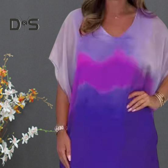 Женское шифоновое макси-платье с градиентным принтом и V-образным вырезом, с коротким рукавом, длинное платье, повседневный свободный пляжный сарафан для летнего отдыха