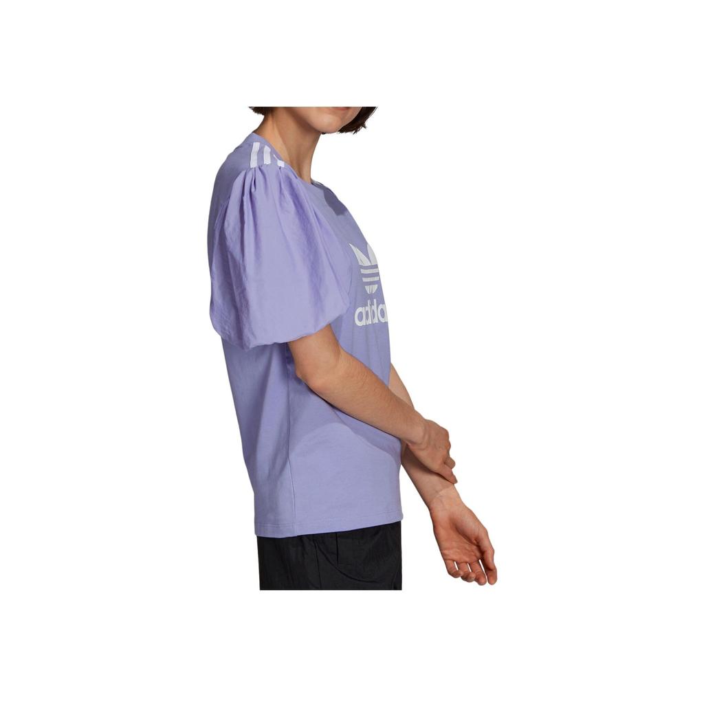 Adidas Оригинальный свитер с тремя полосками и круглым вырезом, напечатанный буквами, повседневная футболка с коротким рукавом и рукавами-фонариками, женские топы, фиолетовый H59037