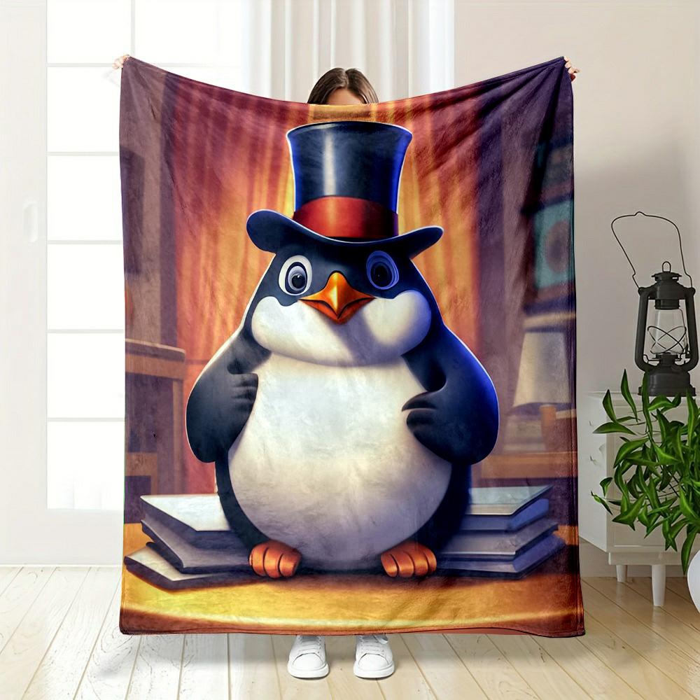 Penguin in Top Hat on Books Patterned flannel blanket perfect for the bedroom living room, sofa, or a little nap