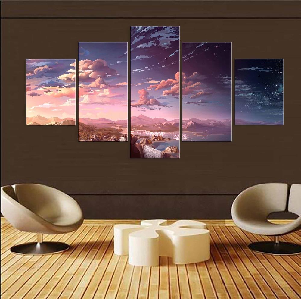 Wall Art Printed Pictures Home Decor 5 Pieces Anime Landscape Waterfall Cloud Painting Modular Living Room Cartoon Anime Canvas