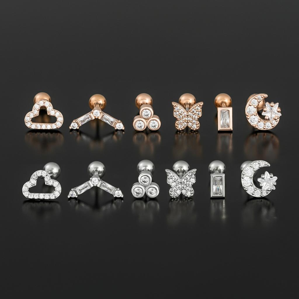 New Stainless Steel Zircon Cloud Moon Stud Earrings For Women Helix Tragus Cartilage Star Butterfly Earring Piercing Jewelry 1pc