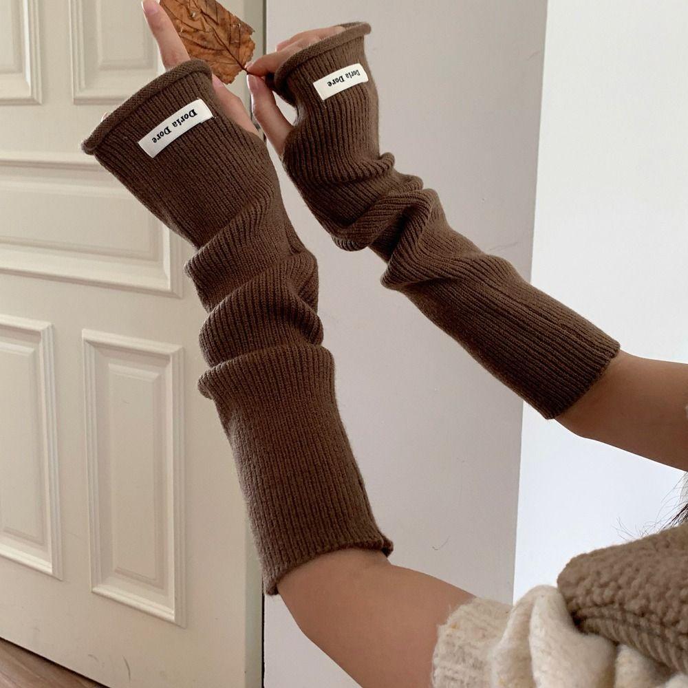 Solid Color Knitted Warm Sleeves Hole Long Fingerless Sleeves Warm Arm Covers  Clothing Accessories