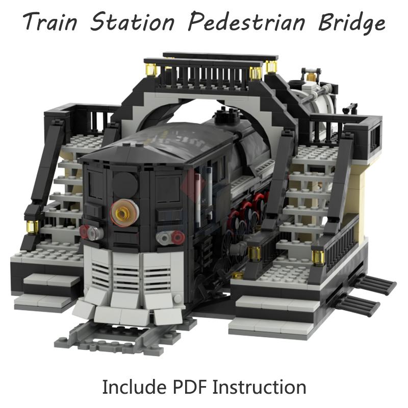 Non-Toxic Train Station Pedestrian Bridge Model Set Building Blocks Compatible 53401 Railway Track Parts City Street Moc Bricks Kid Toys