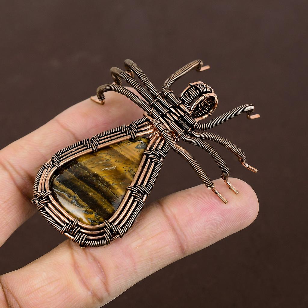 Natural Tiger Eye Gemstone Handmade Copper Wire Wrap Spider Pendant 2.56" B6e86