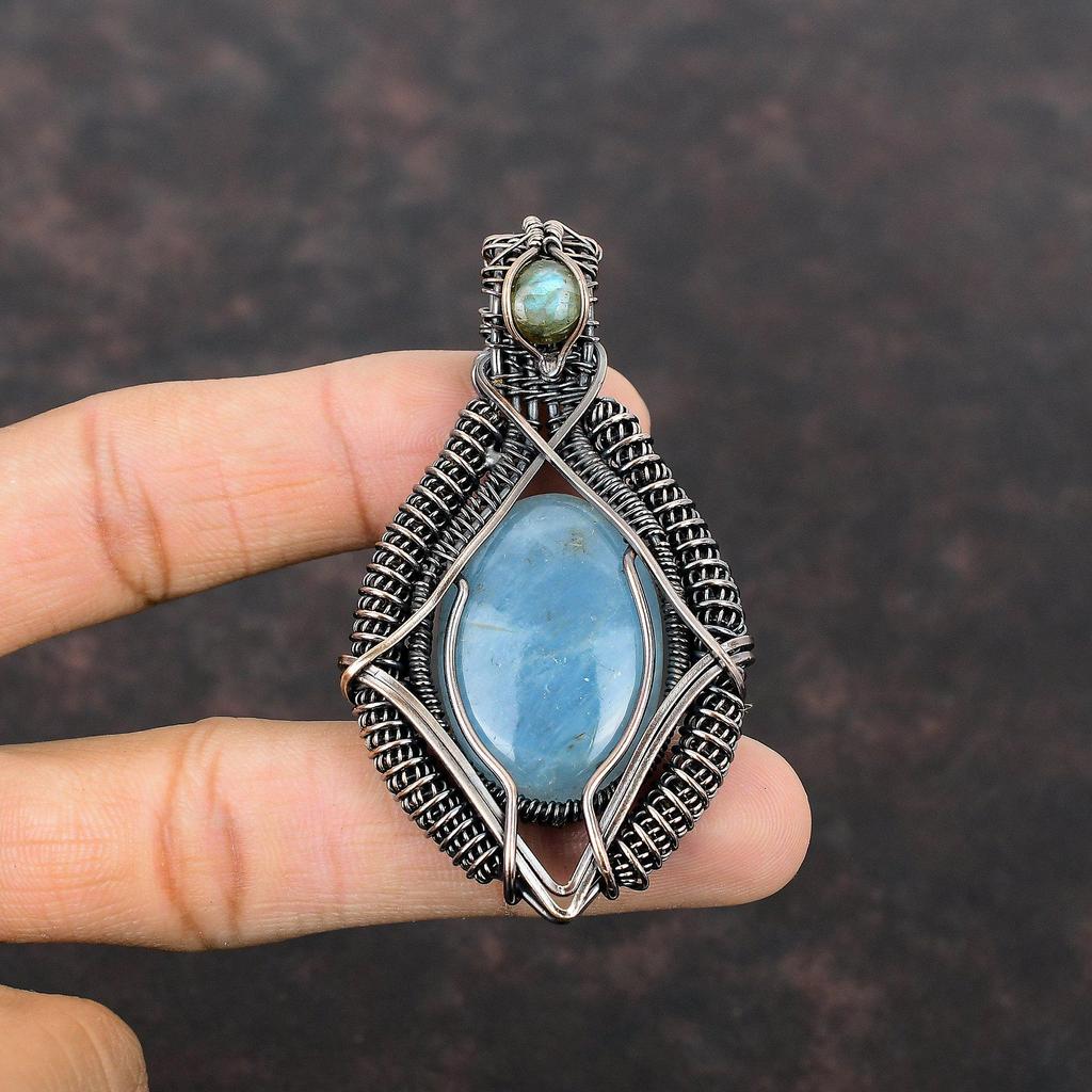 Aquamarine Pendant Copper Wire Wrapped Pendant Labradorite Pendant Copper Jewelry Gift For Mother Wrapped Gemstone Pendant Handmade Pendant