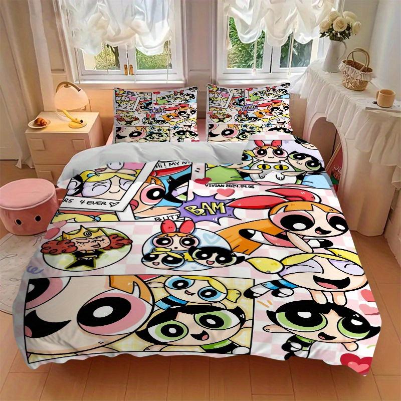 3pcs Powerpuff Girls Collection Bedding Set, Including 1 Quilt Cover and 2 Pillow Shams, Without Filling, Soft and Comfortable Home Bedroom Fabric, Fa