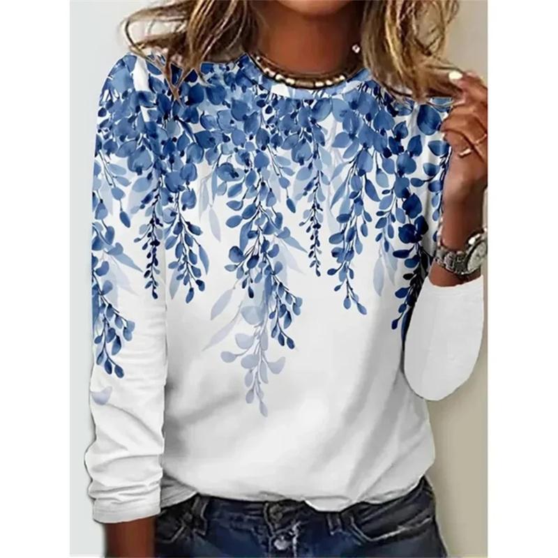 Spring and Autumn Round Neck Colorful Flower Pattern 3D Printed Top Fashionable Casual Long Sleeved Women's T-shirts
