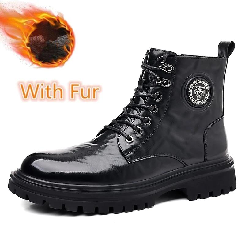 Высококачественные кожаные ботинки на шнуровке до щиколотки для улицы, мужские мотоботы, осенне-зимняя обувь, нескользящие теплые плюшевые меховые зимние ботинки