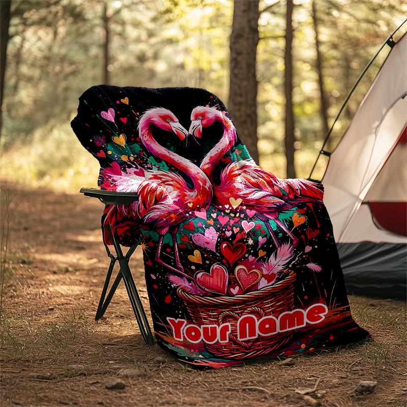 1PC Custom Name Flamingo Love Basket Heart flannel blanket versatile,all-season throw suitable for the living room,bedroom,camping,travel,and gift